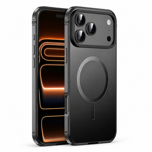 Front and rear views of a dark gray phone case stand on white. The matte back has a circular magnetic marking and short vertical bar below a raised three-lens camera surround.