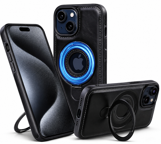 Three views of a black stitched case show a circular rear ring lying flat and extended as a stand for portrait and landscape use. A blue glow illustrates magnetic attachment.
