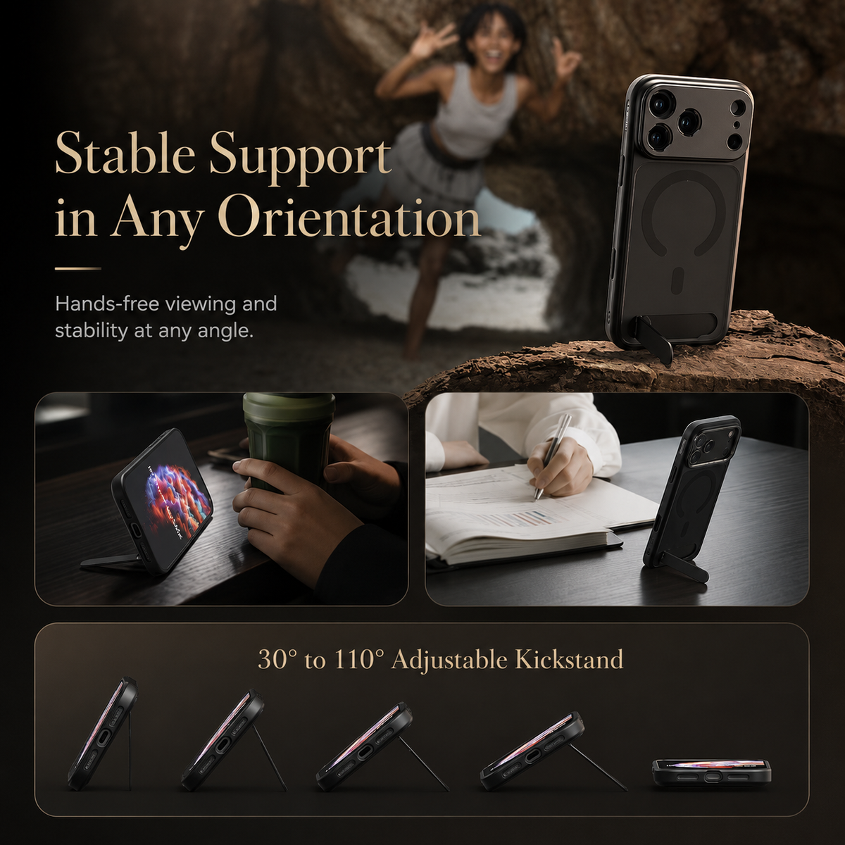 A case stands upright on a rock with a woman in the background. Lower panels show screen viewing and desk use, followed by several kickstand positions. Text reads Stable Support in Any Orientation and 30 to 110° Adjustable Kickstand.