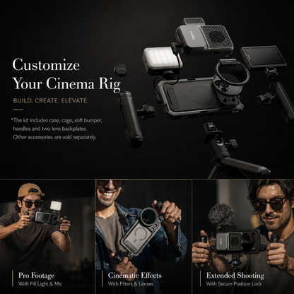 A phone is enclosed in a camera rig with handles, microphone, lights and lens. Three smaller demonstrations show different filming arrangements. Text reads Customize Your Cinema Rig.