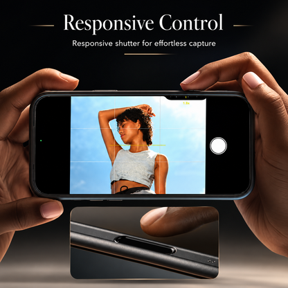 Two hands hold a phone horizontally in camera mode, with a woman framed on the screen. A close-up below enlarges a side shutter button. Text reads Responsive Control.