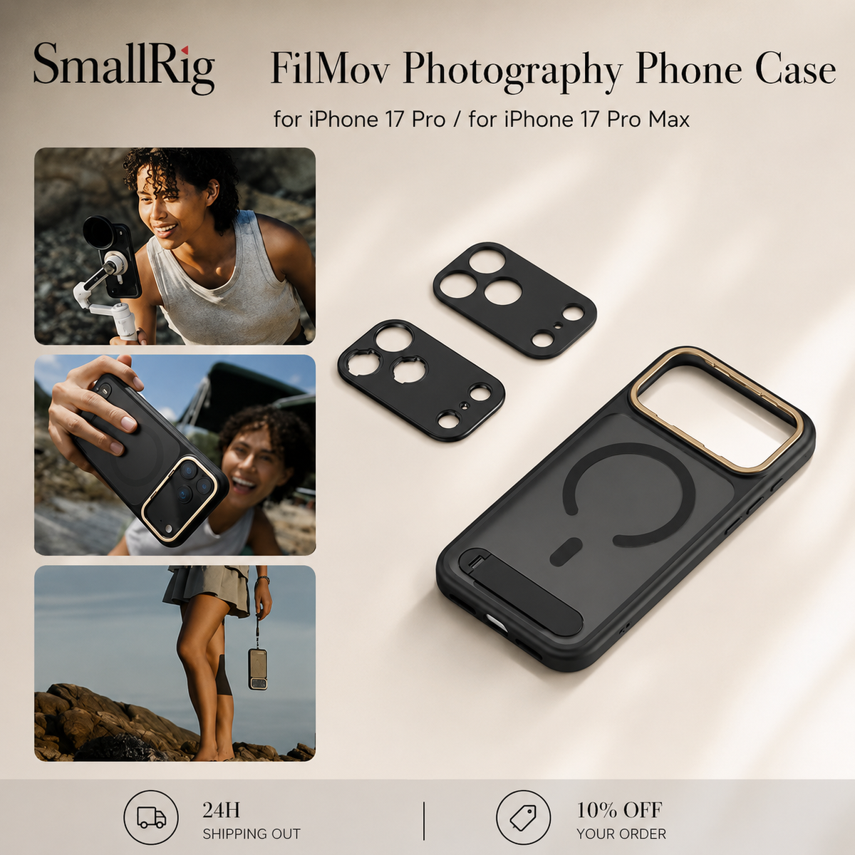 A black photography case and two camera plates lie on a pale background beside three small outdoor filming photos. Text identifies a SmallRig FilMov Photography Phone Case for iPhone 17 Pro and Pro Max.
