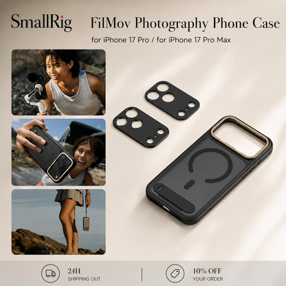 A black photography case and two camera plates lie on a pale background beside three small outdoor filming photos. Text identifies a SmallRig FilMov Photography Phone Case for iPhone 17 Pro and Pro Max.