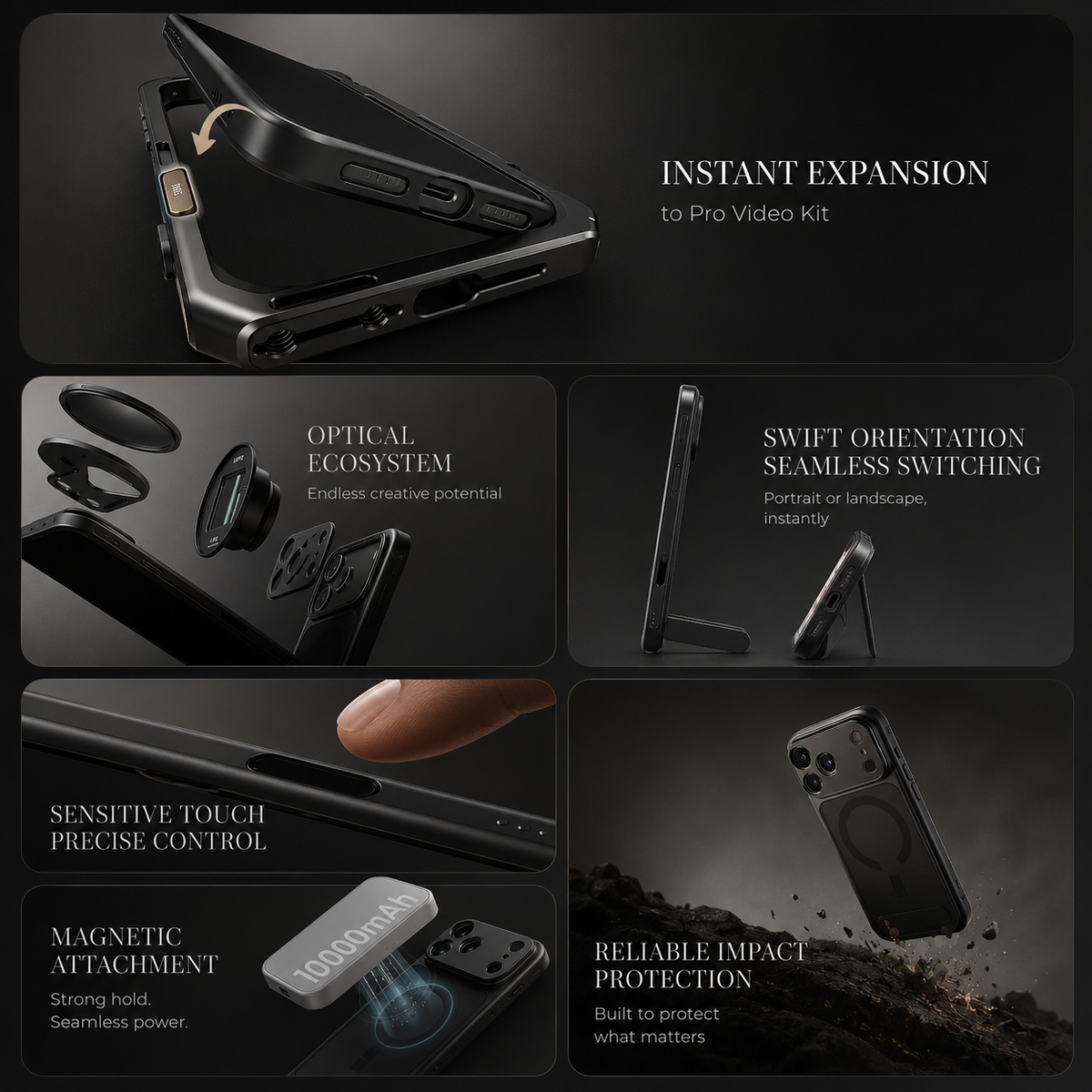 A feature grid shows the case on its kickstand, circular lens accessories, a side control close-up, magnetic attachment and an impact illustration. Labels describe expansion, orientation switching, touch control, magnets and protection.
