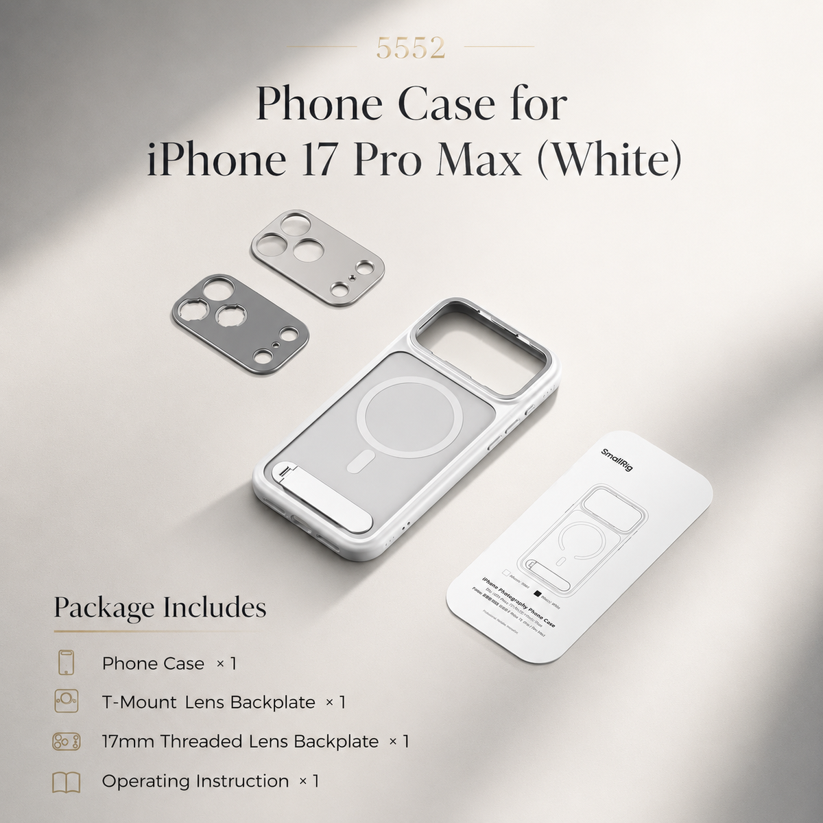 A silver empty photography case lies beside two camera plates and an instruction sheet on pale gray. Text reads Phone Case for iPhone 17 Pro Max (White). A printed package list names the case, backplates and instructions.