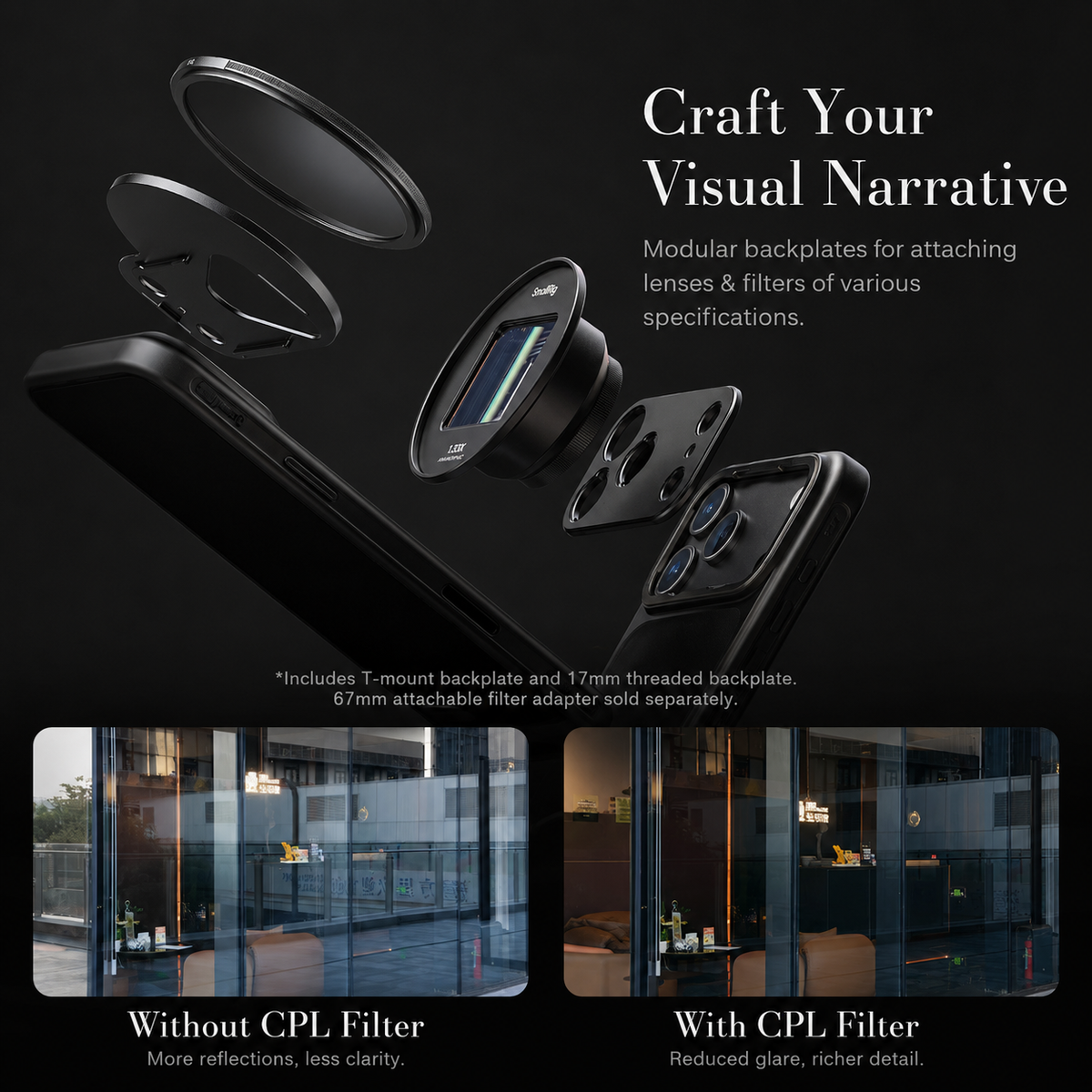 An exploded accessory diagram places circular filters and mounting rings above a photography case. Two lower images compare a glass-fronted building with and without a polarizing filter. Text reads Craft Your Visual Narrative.