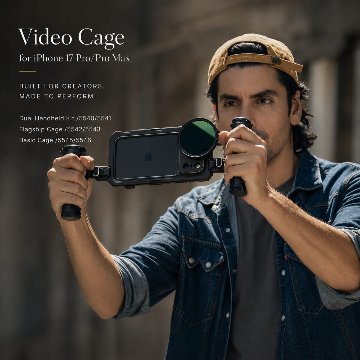 A man in a denim shirt and backward cap films with a phone held horizontally inside a dual-handle camera cage. A large round lens sits at one end. Text reads Video Cage.