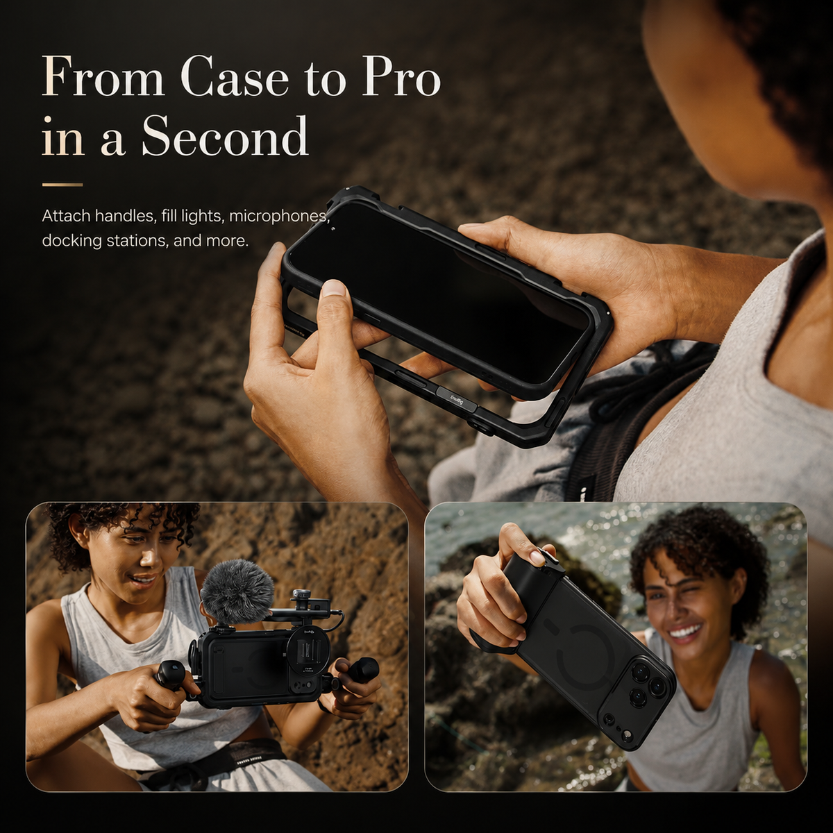 A seated woman attaches a dark photography case to her phone outdoors. Lower views show her using a camera rig and holding the case with a large lens. Text reads From Case to Pro in a Second.