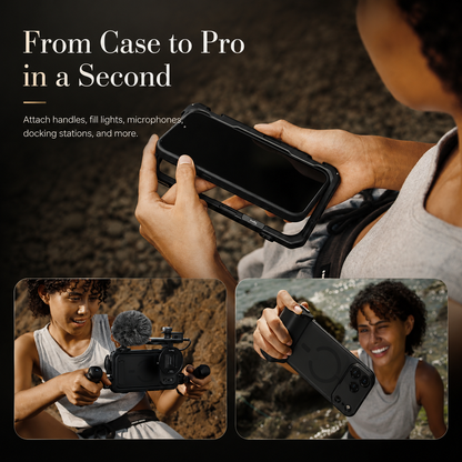 A seated woman attaches a dark photography case to her phone outdoors. Lower views show her using a camera rig and holding the case with a large lens. Text reads From Case to Pro in a Second.