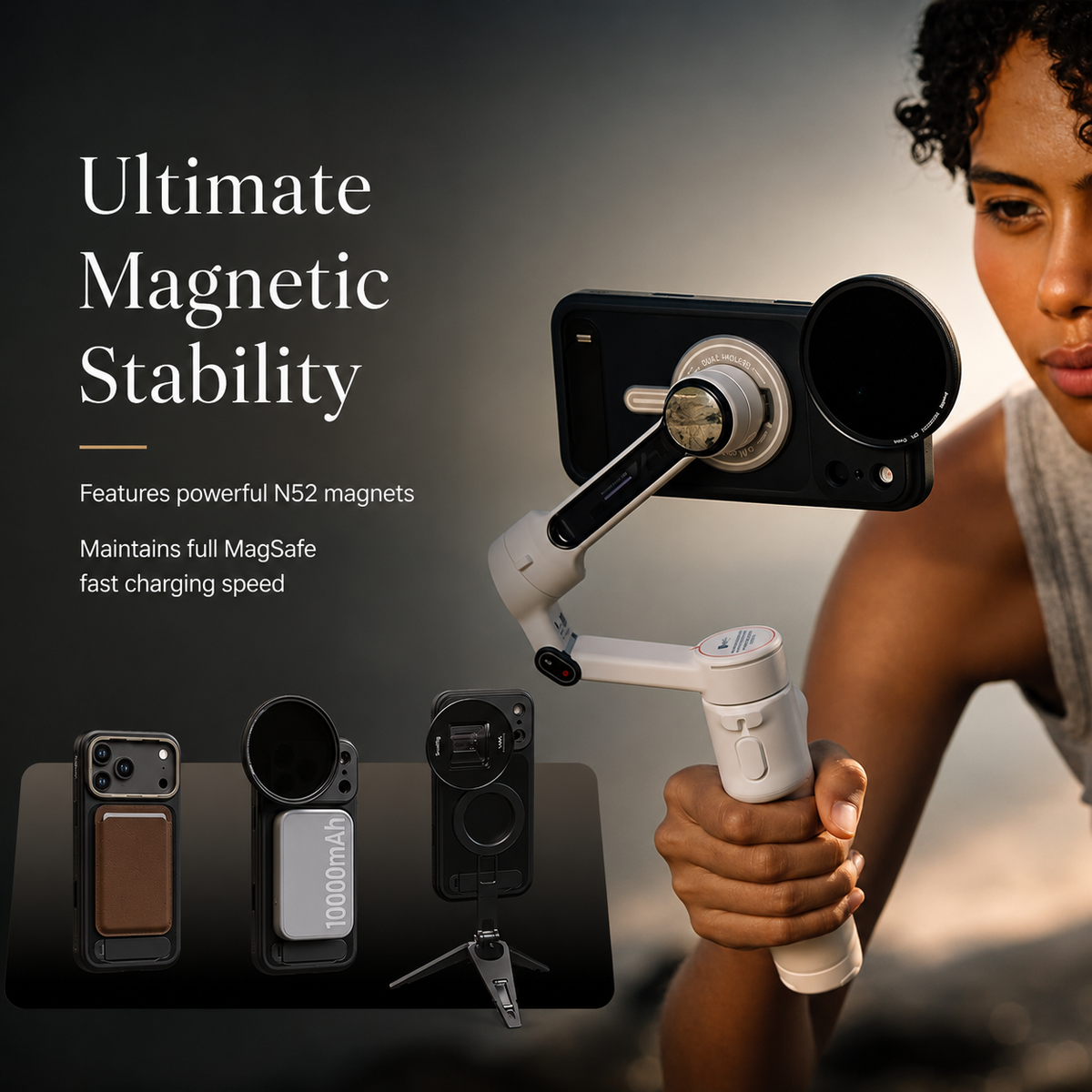 A woman holds a phone on a white handheld gimbal with a circular lens mounted at one end. Small accessory silhouettes appear below. Text reads Ultimate Magnetic Stability.