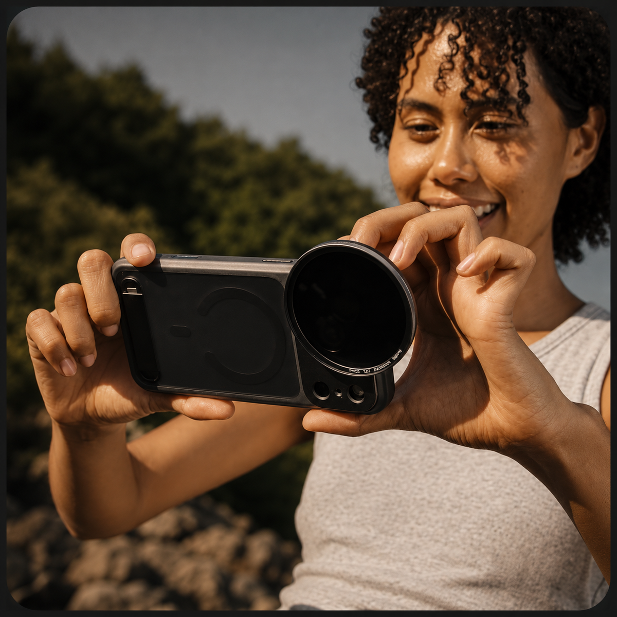A woman films outdoors beside water using a phone held horizontally with a large circular lens attached at the camera end. Her hands grip both sides of the dark case.