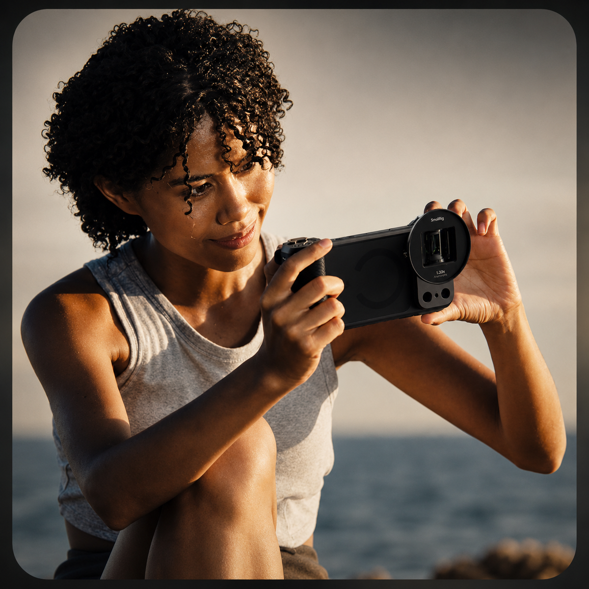 A woman with curly hair holds a lens-equipped phone horizontally at sunset near the water. Warm light falls across her face and arms as she looks at the screen.
