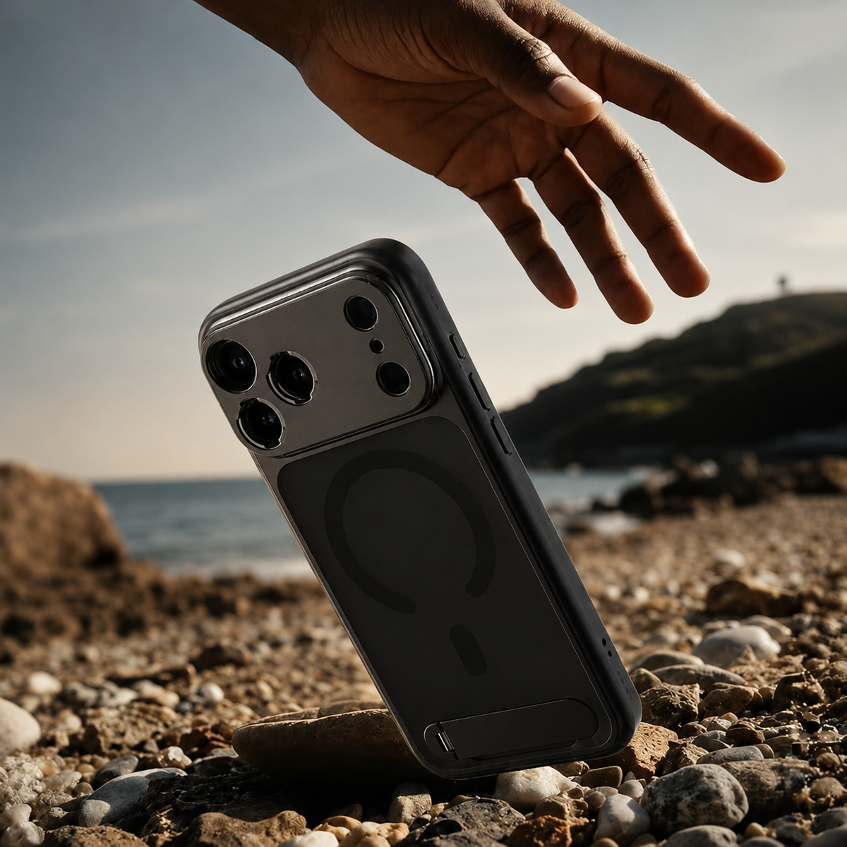 A hand reaches above a dark photography case depicted landing on rocky ground beside water. Its circular magnetic marking, raised camera panel and folded bottom stand remain visible.