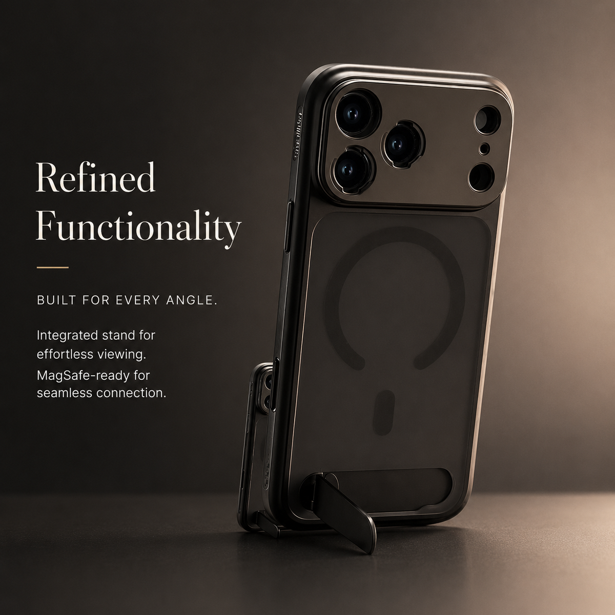 A dark photography case stands upright on its extended bottom kickstand against gray. Its broad camera panel and circular magnetic marking face forward. Text reads Refined Functionality, with stand and magnetic compatibility wording.