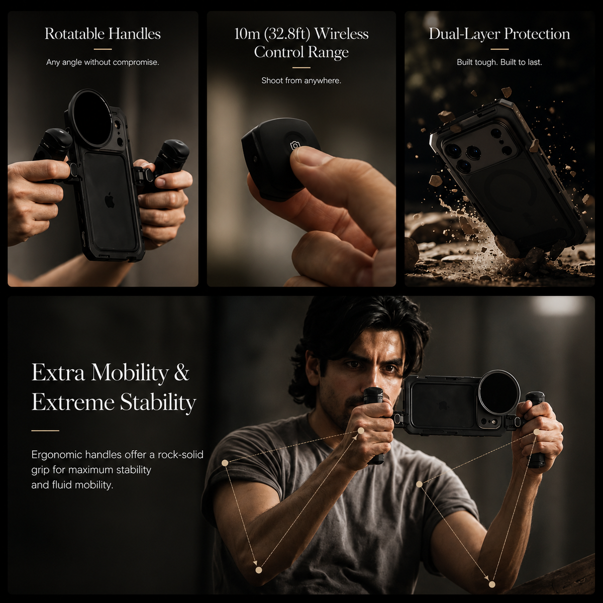 A four-panel graphic shows a phone camera rig held by rotating handles, a hand holding a circular accessory, an impact illustration and a man filming with a dual-handle rig. Labels describe the handle, control ring and protection.