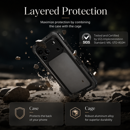 A dark photography case is illustrated striking loose stones with debris flying nearby. Text reads Layered Protection and labels distinguish the phone case from an external metal cage, alongside a printed certification claim.