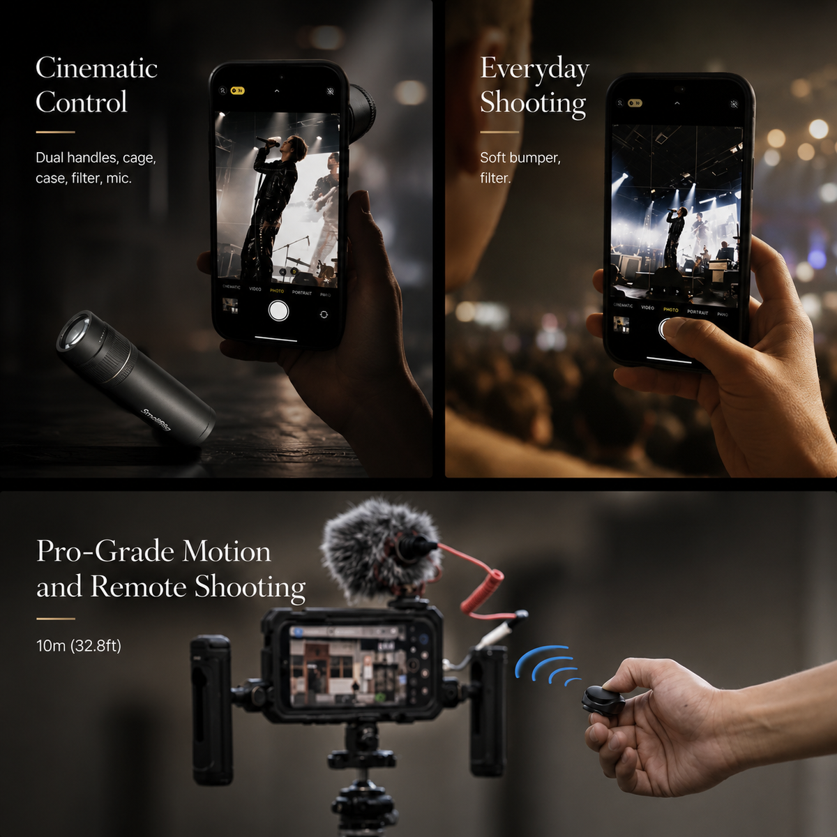 Three demonstration panels show portrait filming with an attached lens, a phone recording an outdoor scene and a camera rig with microphone controlled by a handheld remote. Text reads Cinematic Control, Everyday Shooting and Pro-Grade Motion and Remote Shooting.