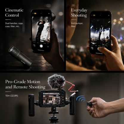 Three demonstration panels show portrait filming with an attached lens, a phone recording an outdoor scene and a camera rig with microphone controlled by a handheld remote. Text reads Cinematic Control, Everyday Shooting and Pro-Grade Motion and Remote Shooting.