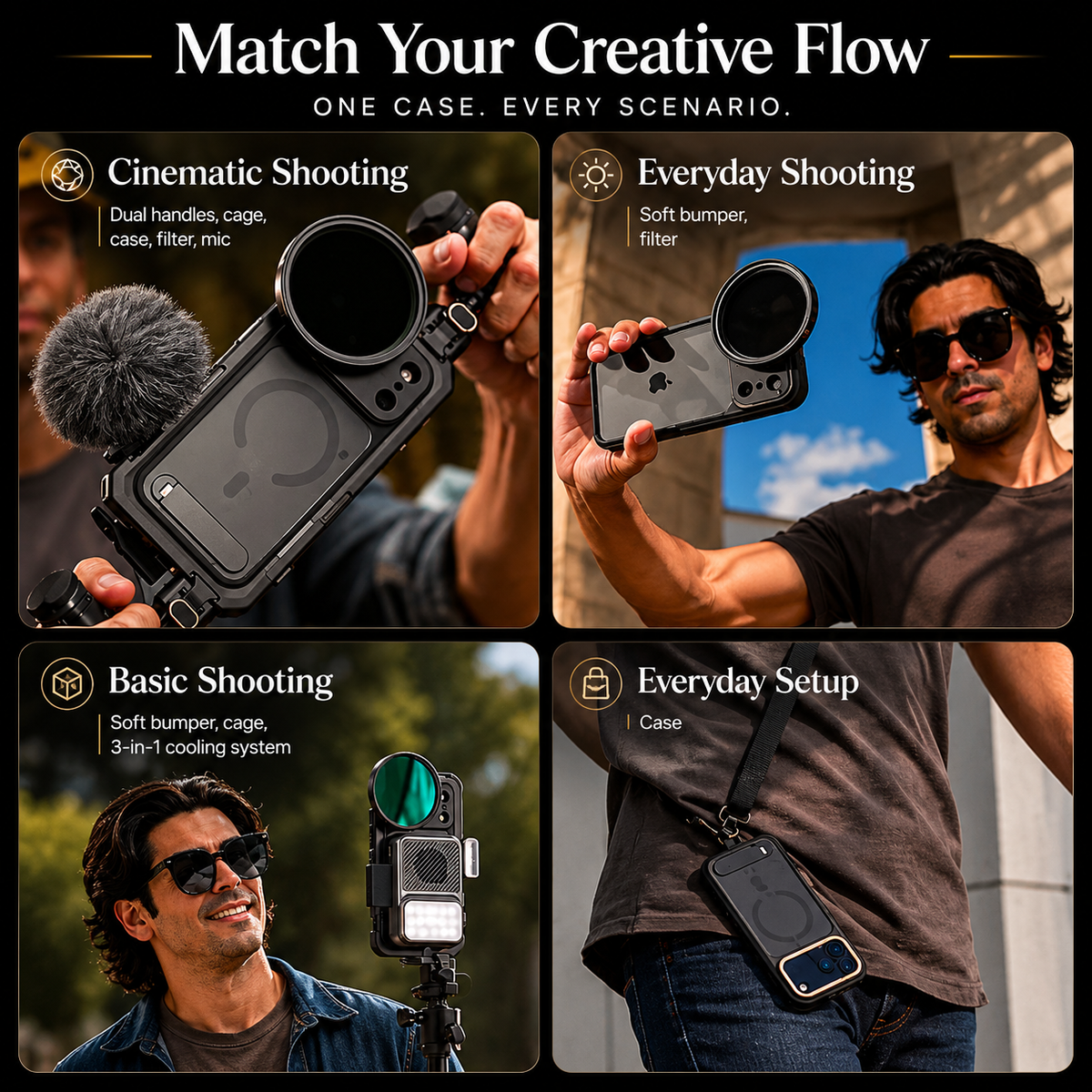 A four-photo collage shows a photography case used with a lens, held by an outdoor filmer, mounted on a tripod and carried at a person’s hip. Text reads Match Your Creative Flow.