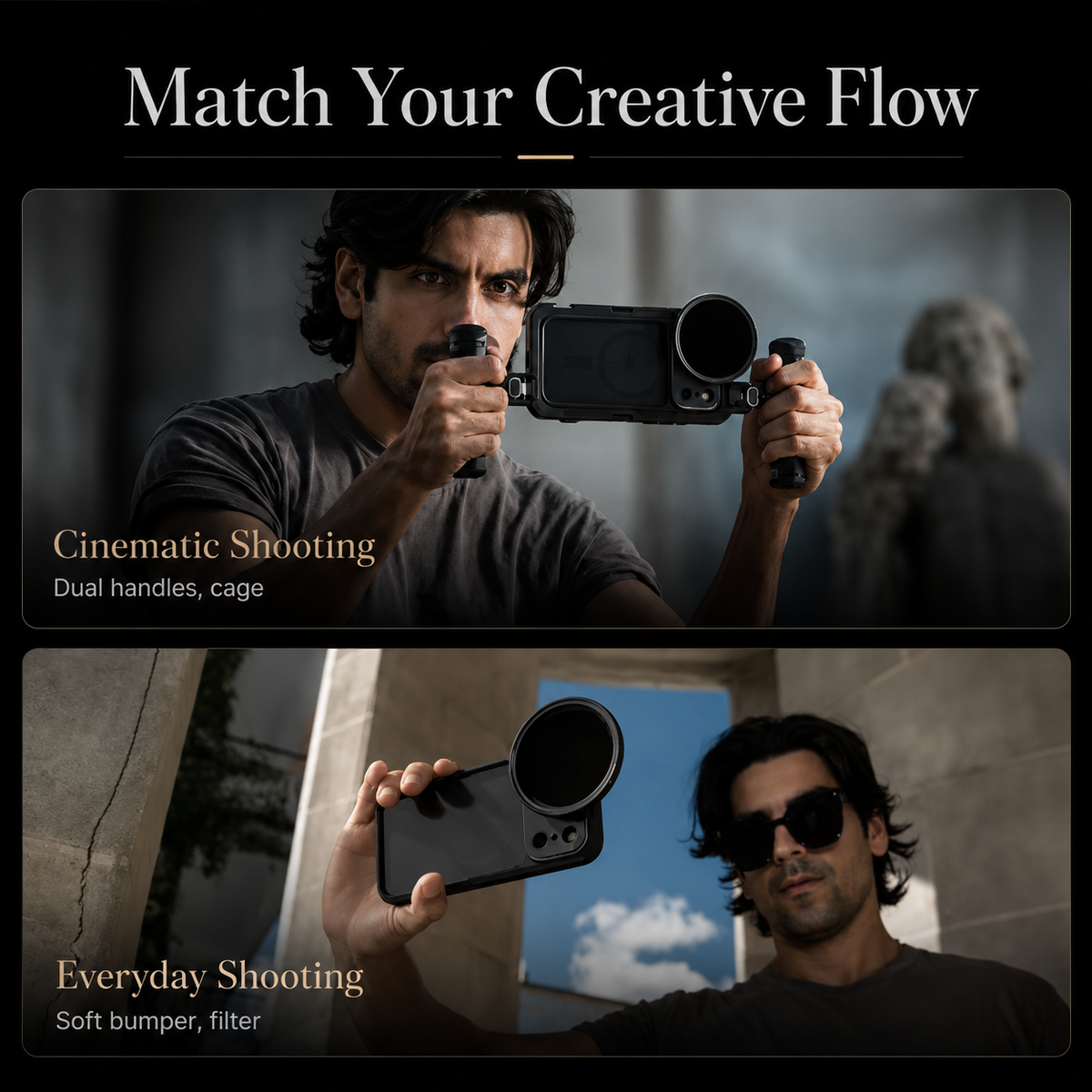 Two panels show men holding phone rigs horizontally, one with dual handles and another with a large circular lens. Text reads Match Your Creative Flow, with cinematic and everyday shooting labels.