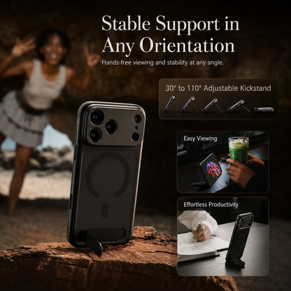 A photography case stands upright on its bottom kickstand on a rock. Insets show horizontal and vertical viewing positions, while an angle diagram states 30 to 110 degrees. Text reads Stable Support in Any Orientation.