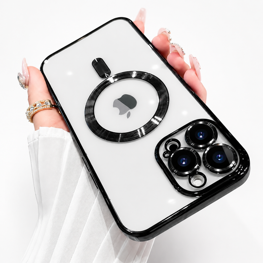 A hand in a white sleeve holds a white-backed phone case upside down against white. Glossy black trim outlines its edges, camera lenses, circular rear ring and short bar around a visible Apple logo.