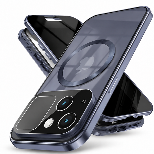Blue-gray phone case components overlap at diagonal angles on white, showing a tinted transparent back, circular magnetic ring, camera panel and separate front frame.