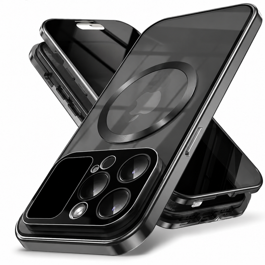 Black phone case components overlap at diagonal angles on white, showing a tinted transparent back, circular magnetic ring, full camera panel and separate front frame.