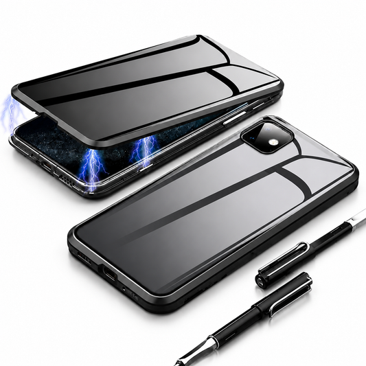 Two black-edged reflective phone-case views show a front panel floating above a phone and an assembled back beside a fountain pen against white. Blue electrical graphics illustrate attachment between the layers.