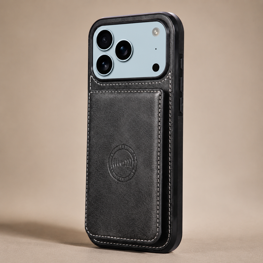 Black leather-look case stands rear-forward with a stitched rectangular wallet below its broad camera opening. A circular embossed emblem decorates the wallet, and black edges frame the case.