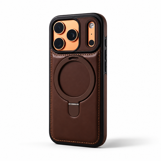 Dark brown stitched leather-look case stands upright against white, with a circular ring stand folded flat on the back and a camera panel divided into a square lens opening and narrow oval opening.