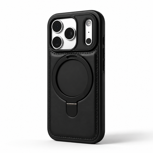 Black stitched leather-look case stands upright against white, with a circular ring stand folded flat on the back and a camera panel divided into a square lens opening and narrow oval opening.