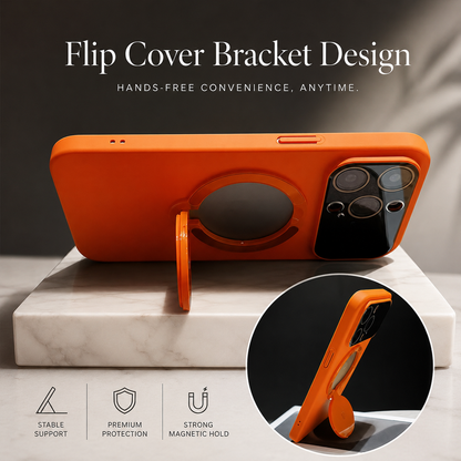 An orange phone case supports a phone horizontally on an extended rectangular bracket beneath its circular spoke-patterned rear ring. The rear camera panel sits at the right, and a circular inset enlarges the bracket from the side. Text above reads Flip Cover Bracket Design.