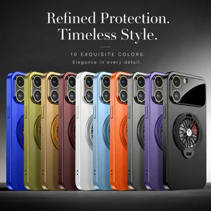 Ten differently colored cases stand in an overlapping row beneath Refined Protection. Timeless Style.