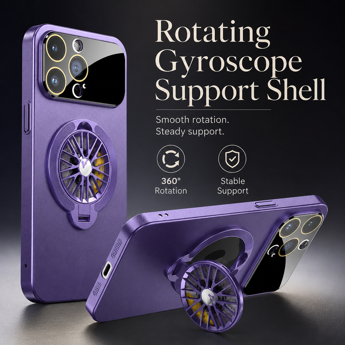 A purple case is shown upright and horizontally supported by its rear ring. Text describes 360-degree rotation and stable support.