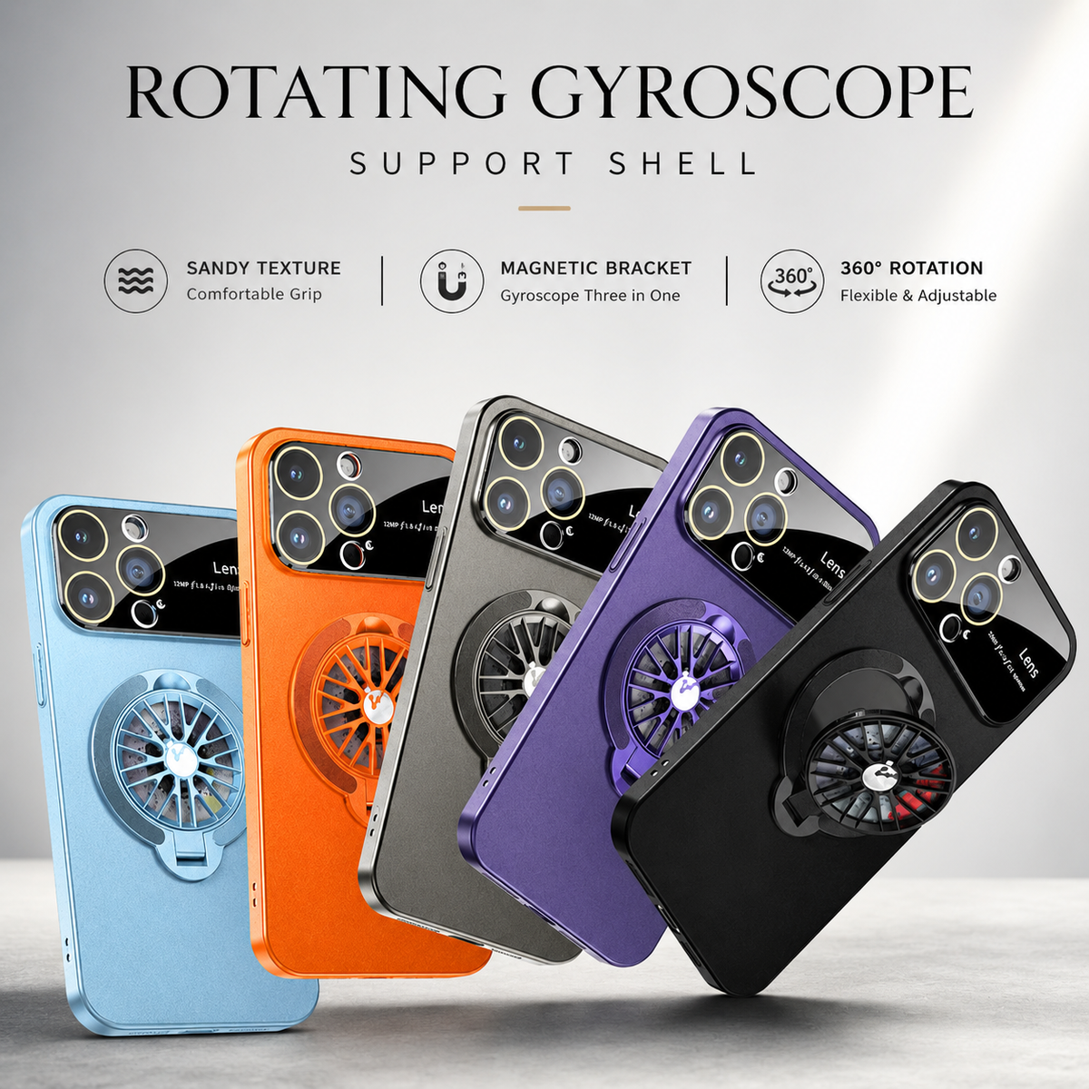Pale blue, orange, gray, purple and black ring cases fan across a pale background beneath Rotating Gyroscope Support Shell.