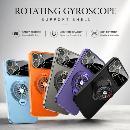 Pale blue, orange, gray, purple and black ring cases fan across a pale background beneath Rotating Gyroscope Support Shell.
