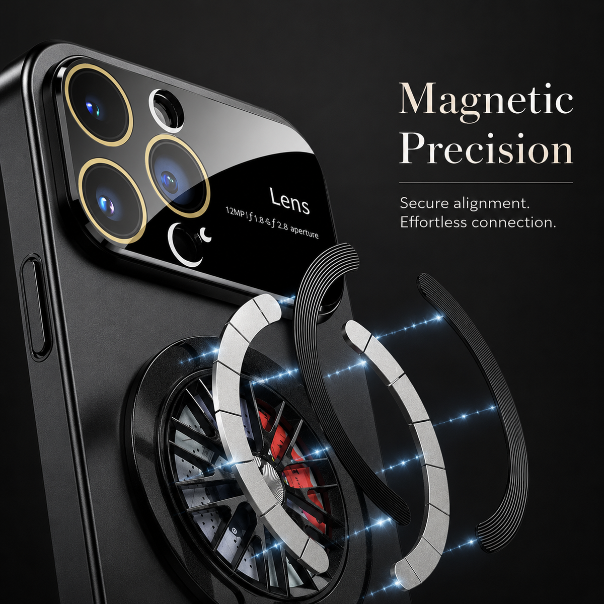 A close black-case view shows a metallic magnetic ring floating above the circular spoke-patterned rear feature, with light streaks illustrating attachment.