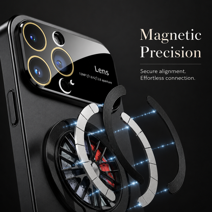A close black-case view shows a metallic magnetic ring floating above the circular spoke-patterned rear feature, with light streaks illustrating attachment.