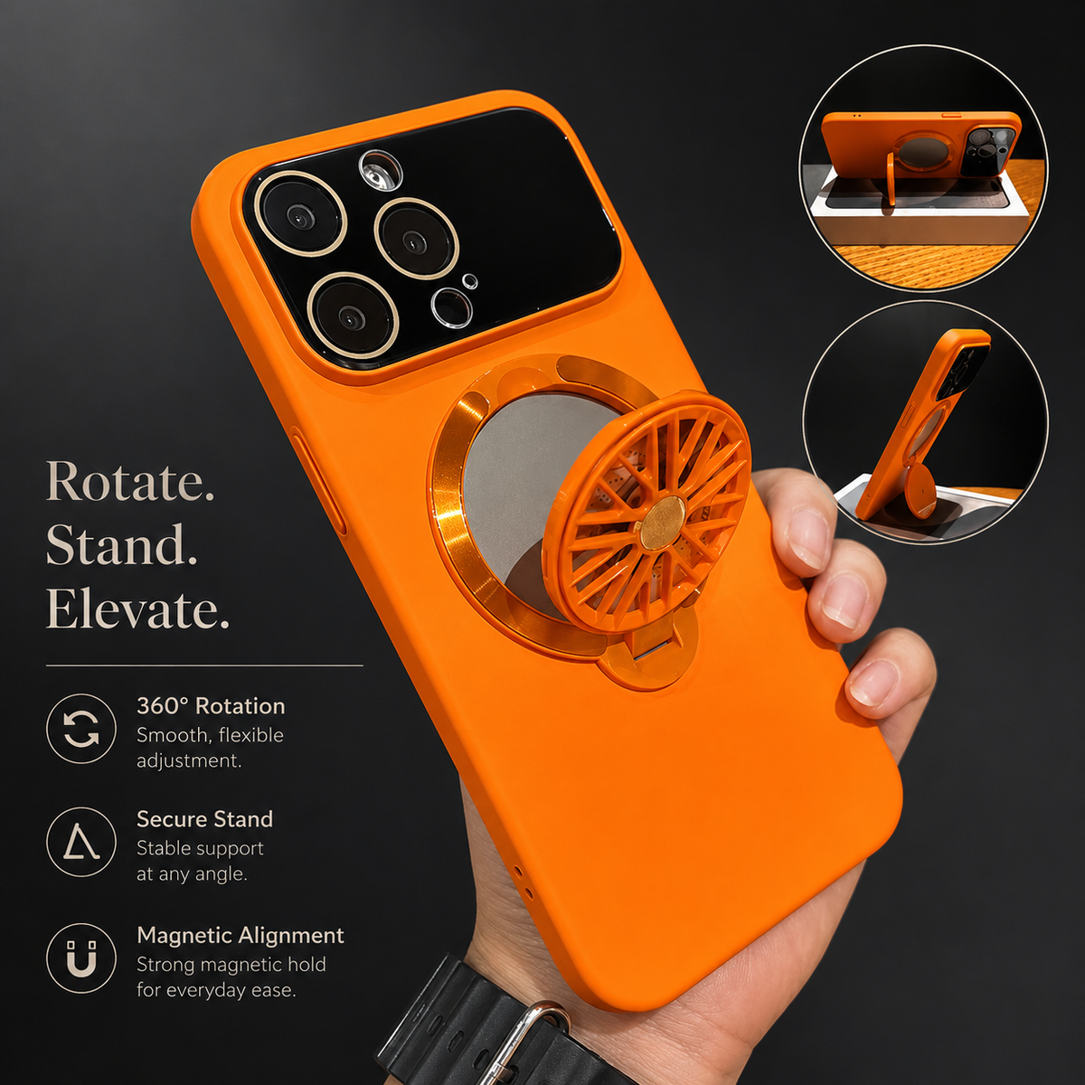 A hand holds an orange case with its ring extended. Two small insets show horizontal stand positions under Rotate. Stand. Elevate.