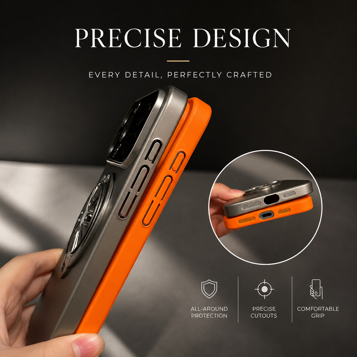 Hands hold black and orange cases edge-on, showing side buttons and bottom-port cutouts beneath Precise Design.