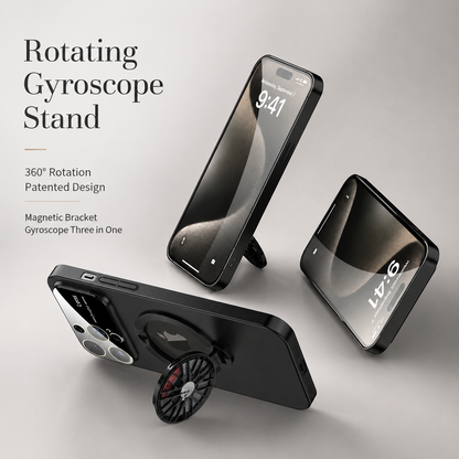 Three phone views demonstrate portrait, landscape and rear-facing support using the circular ring stand.