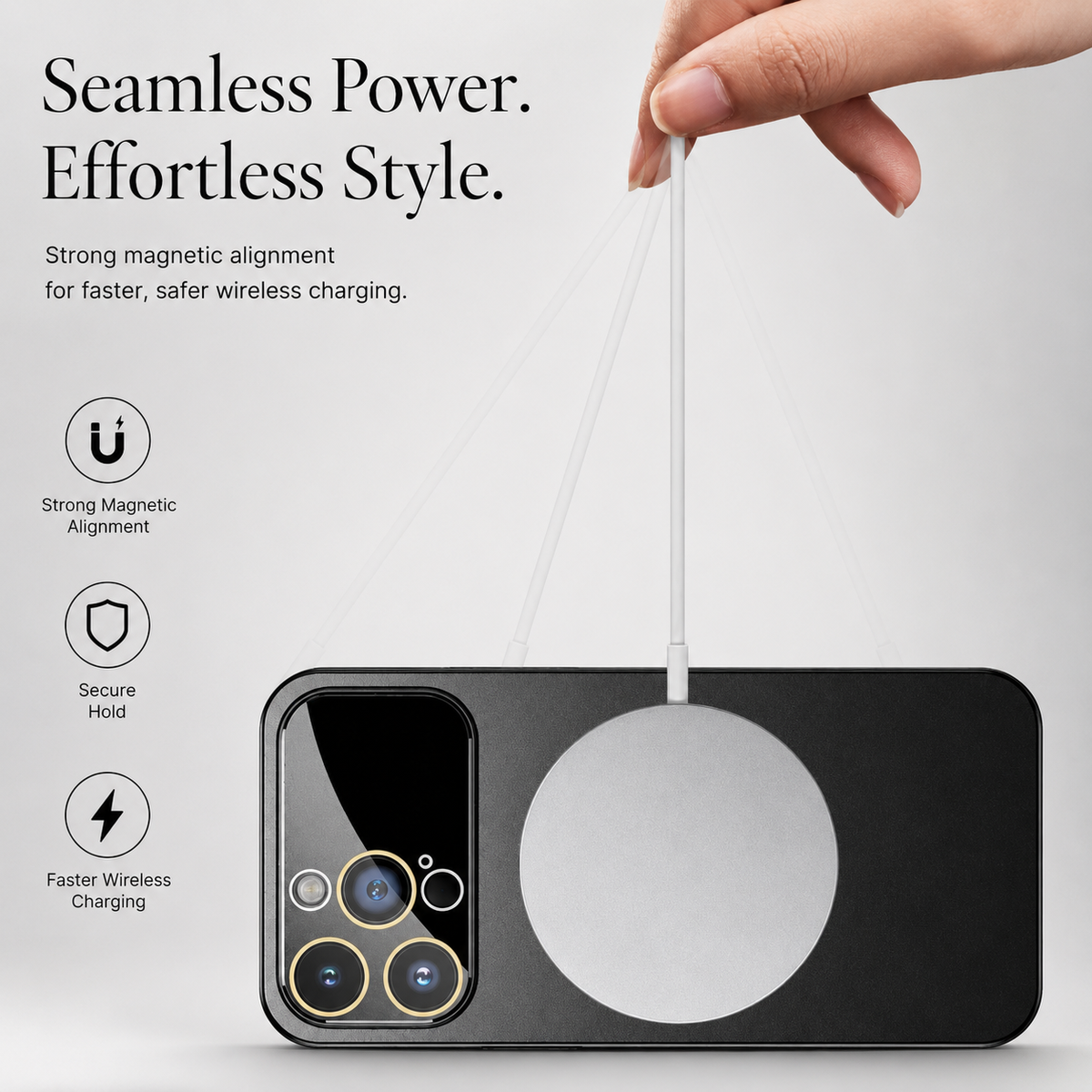A hand holds a charging cable above a white puck attached to a black case lying horizontally. The heading reads Seamless Power. Effortless Style.