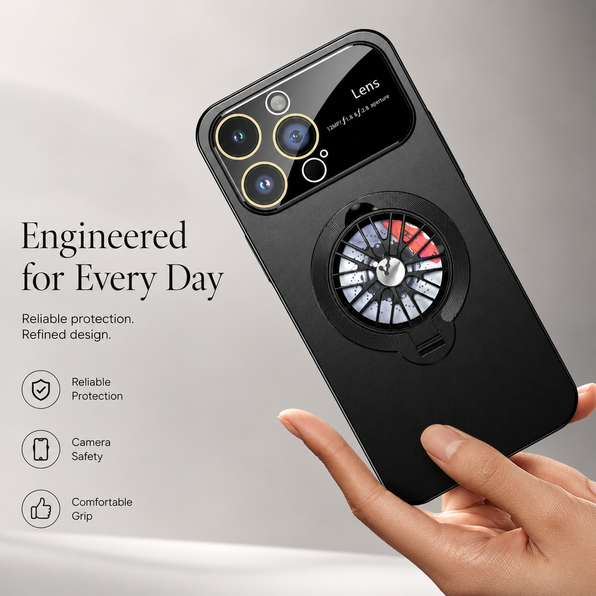 Hands hold a black ring case upright against pale gray under Engineered for Every Day.