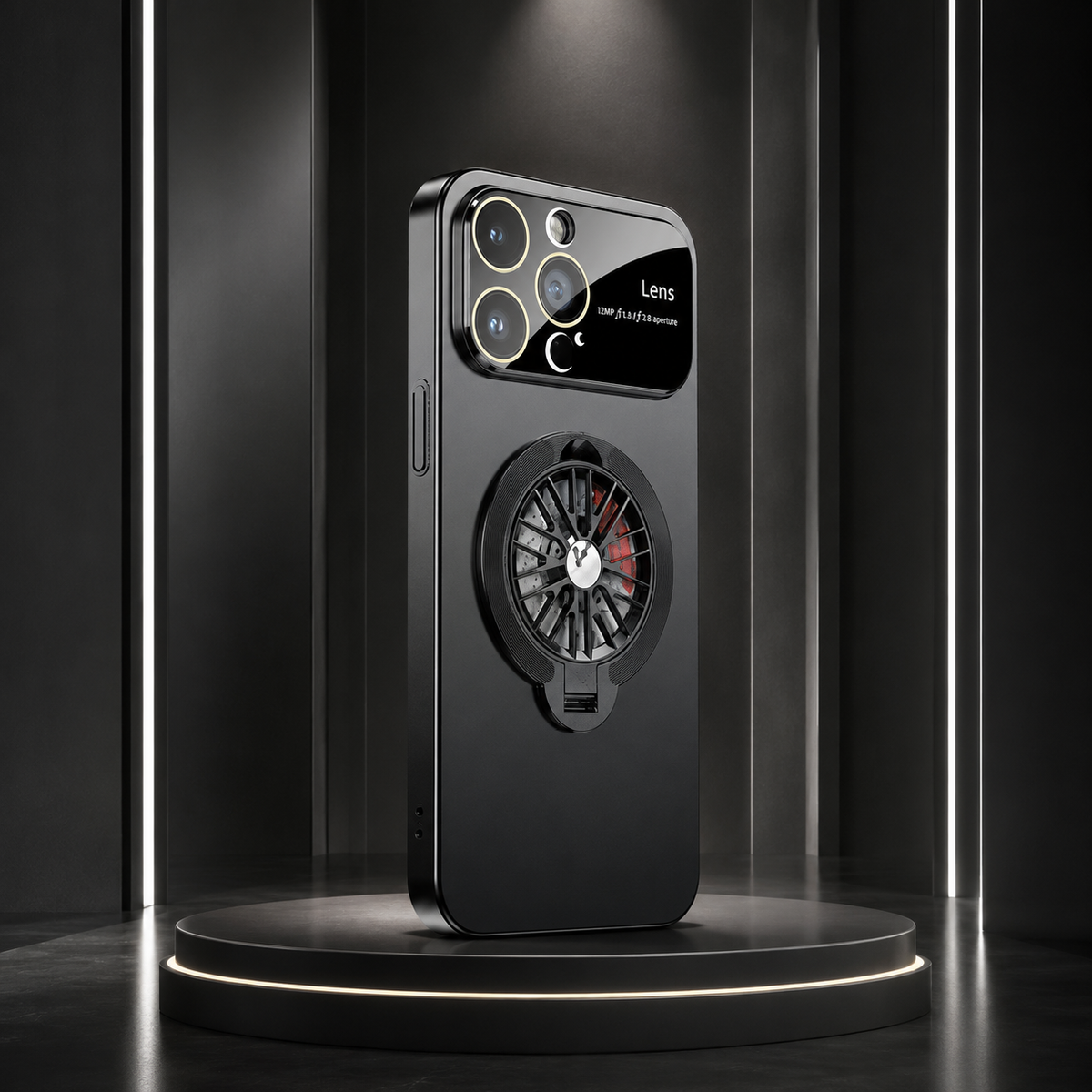 A black ring case stands alone on a circular display platform inside a dark illuminated enclosure.