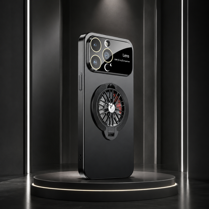 A black ring case stands alone on a circular display platform inside a dark illuminated enclosure.