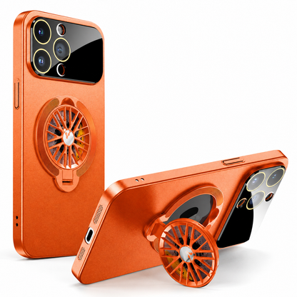 An orange case stands upright beside a horizontal view supported by its matching spoke-patterned rear ring.