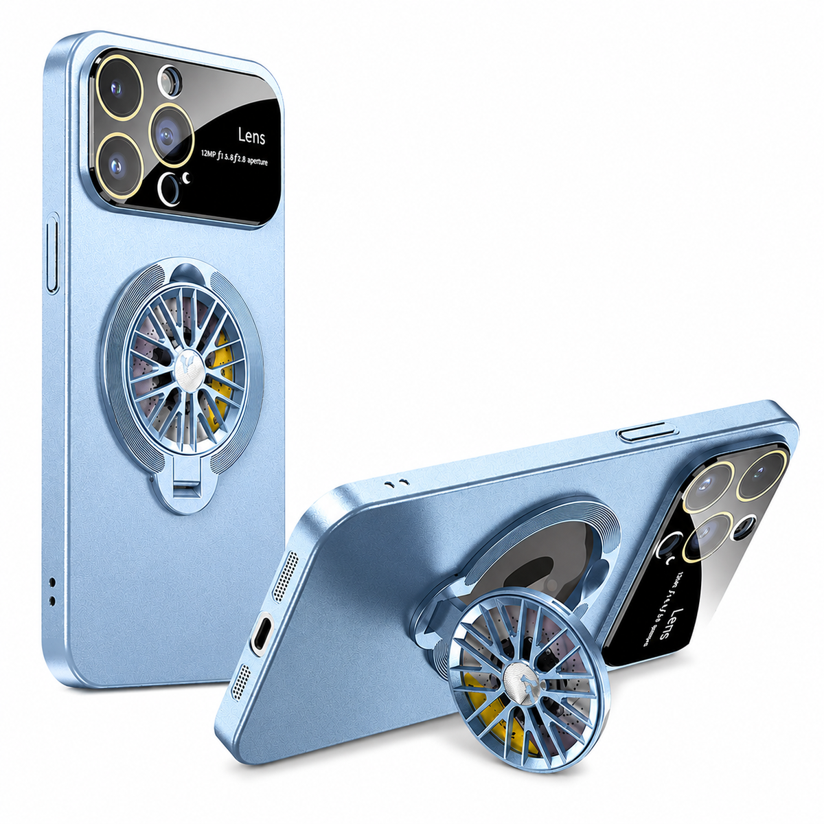A pale blue case stands upright beside a horizontal view supported by a silver-and-blue spoke-patterned ring.