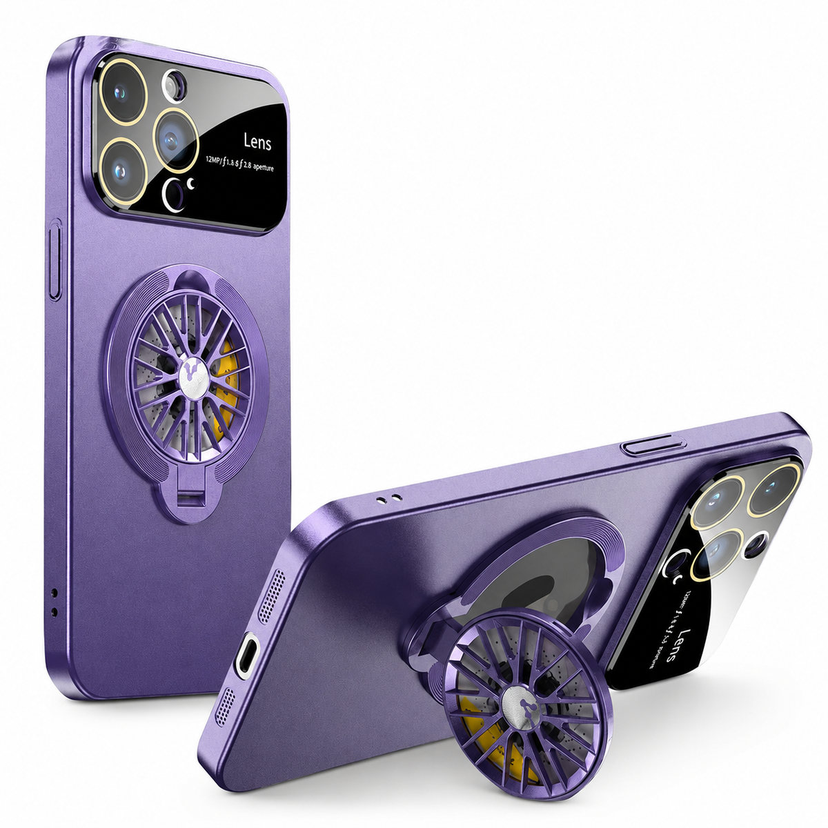 A purple case stands upright beside a horizontal view supported by its matching circular spoke-patterned ring.