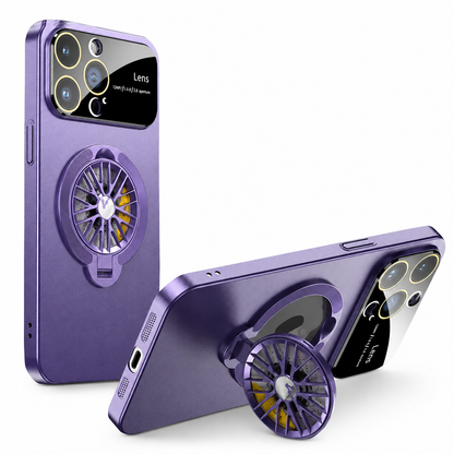 A purple case stands upright beside a horizontal view supported by its matching circular spoke-patterned ring.
